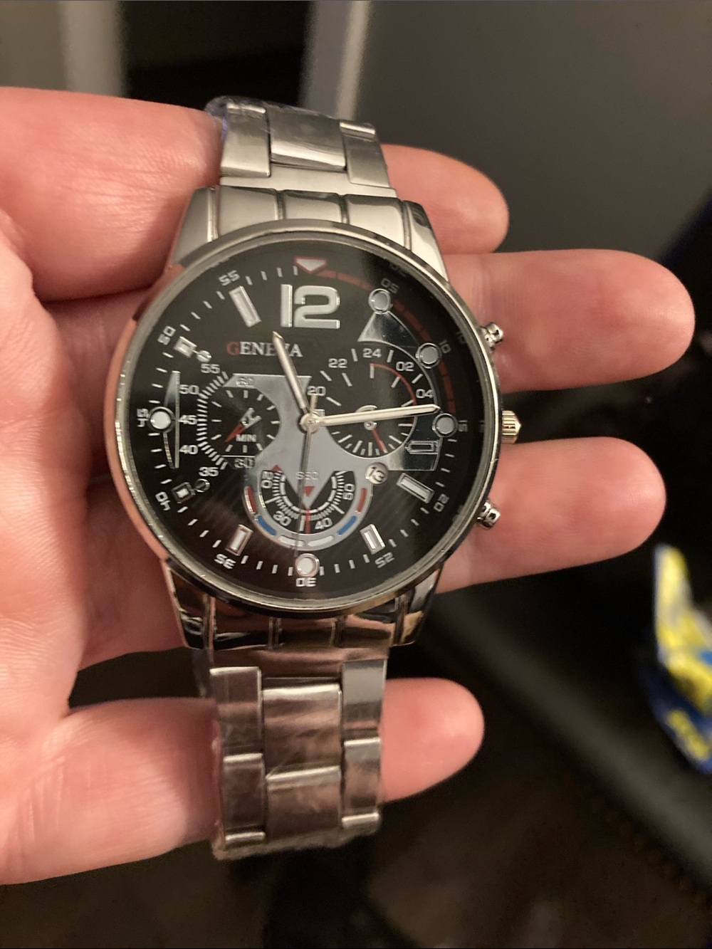 Geneva quartz Silver-Tone Watch with Black Dial